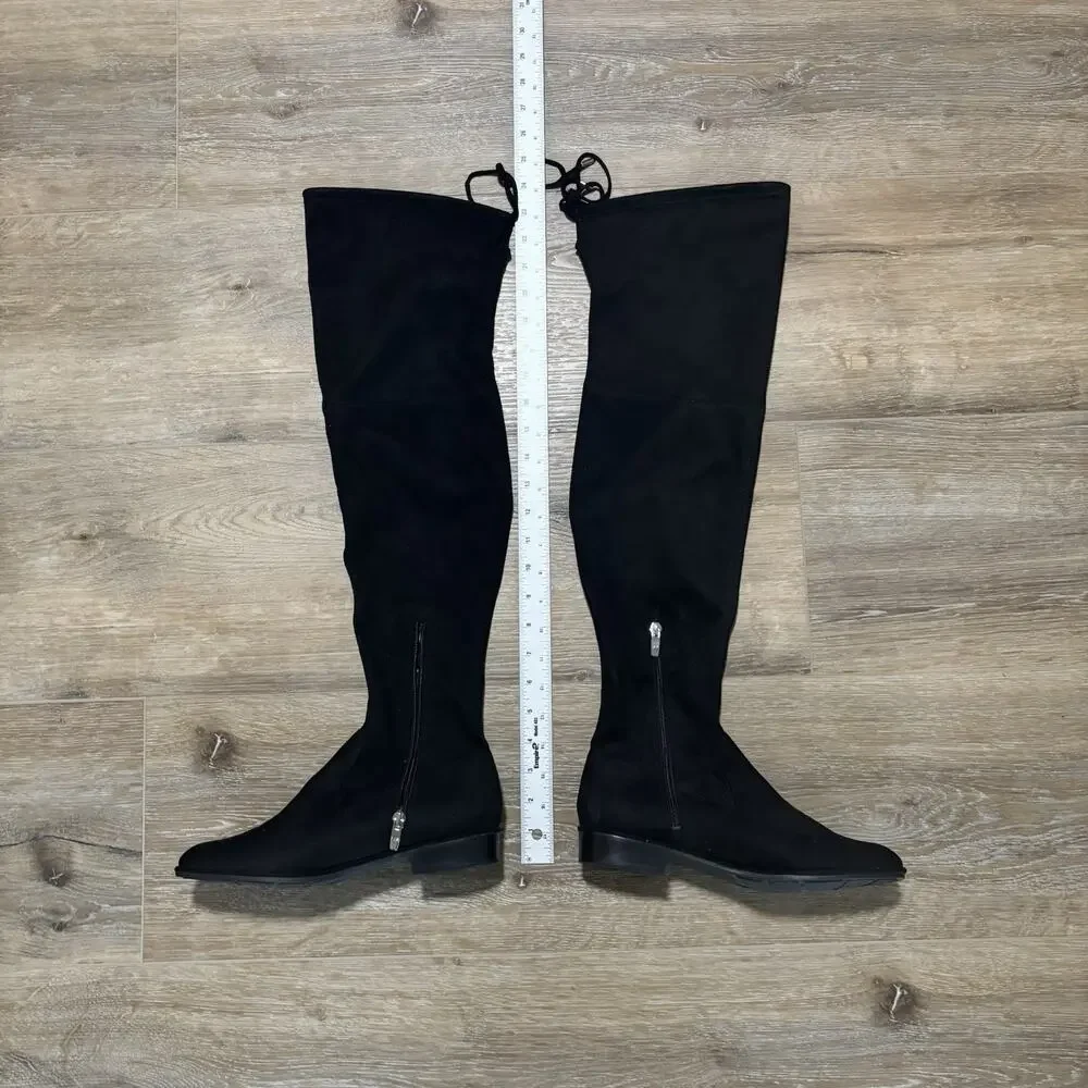 Marc Fisher Black Faux Suede Over The Knee Boots Flat Round Toe Size 8M Tie Back